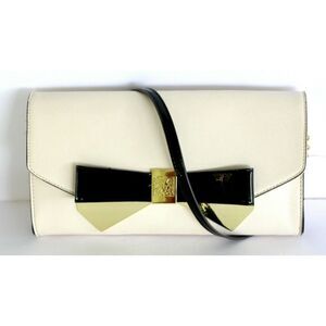 Anne Klein IVORY COATED GENUINE LEATHER BLACK GOLD BOW FLAP SHOULDER BAG CLUTCH